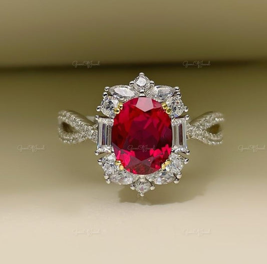 Ruby Stone Oval Cut Ring, Oval Shape Twist Shank Ruby Stone Engagement Ring For Her, Red Ruby Ring Diamond With Side Moissanite Diamond Ring