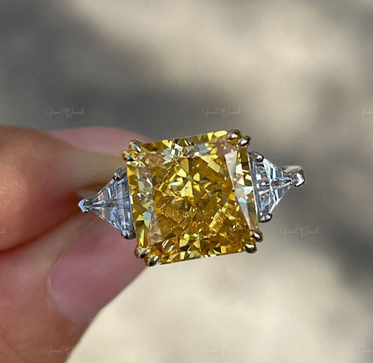 Radiant Cut Square Yellow Sapphire Stone Three Stone Ring With Side Triangle Moissanite Diamond Gold Ring Gift For Her Or Engagement Ring