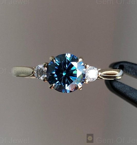 Round Blue Moissanite Diamond Ring, Dark Blue Moissanite Diamond Round Cut Three Stone Ring, Blue Moissanite Three Stone Diamond Ring