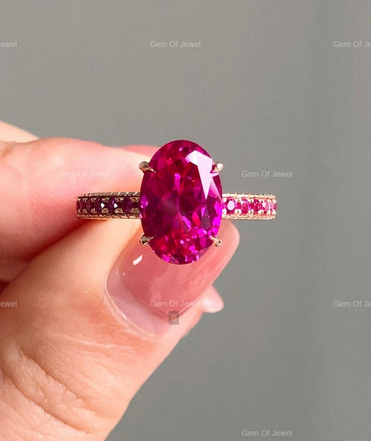 Pink Oval Sapphire Diamond Ring With Rainbow Sapphire Diamond Wedding Bridal Set For Her, Pink Diamond Oval Ring And Band Bridal Set For Her