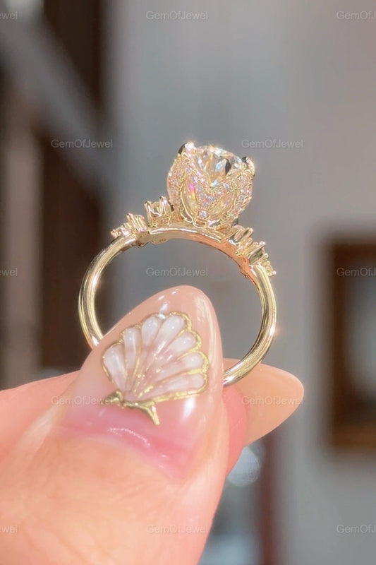 Oval Moissanite Tulip Lotus Prong Engagement Ring, Flower Basket Diamond Ring, Petal Prong Ring, 4CT Oval Diamond Moissanite Ring For Her