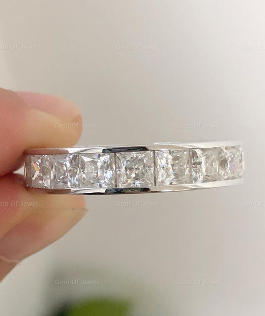 Princess Moissanite Diamond Full Eternity Channel Set Band With 3 Side Pave Diamond Wedding Matching Band, Channel Set Diamond Ring For Her
