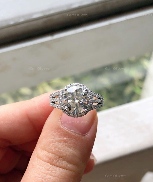 Round Moissanite Diamond With Double Halo And Split Shank Diamond Ring, Invisible Halo Round Diamond Ring, Split Band Diamond Ring For Her