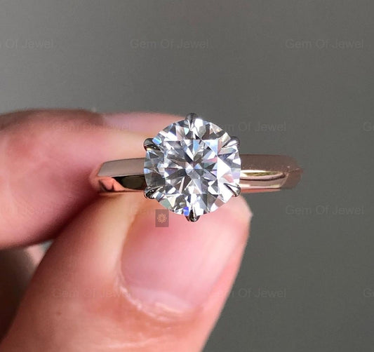 1CT Round Moissanite Diamond Knife Edge Engagement Ring, Knife Edge Shank Ring, Six Prong Two Tone Gold Round Moissanite Diamond Ring