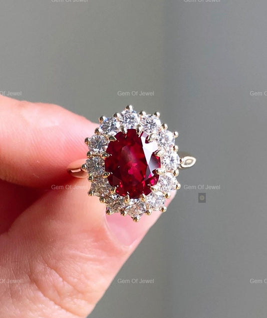 Ruby Stone Oval Diamond Ring, Ruby Stone Statement Ring For Her, Red Ruby Ring Oval Diamond With Side Round Moissanite Diamond Ring For Her