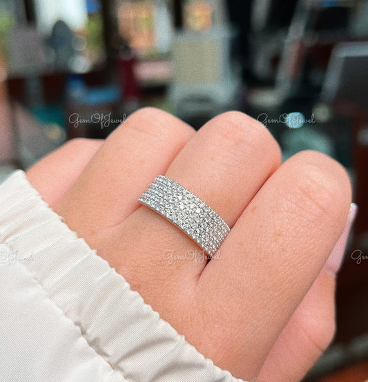 5 Row pave Eternity Moissanite Diamond Ring For Her, 5 Row Pave Eternity Band, Moissanite Diamond Thick 5 Row Pave Eternity Band For Her