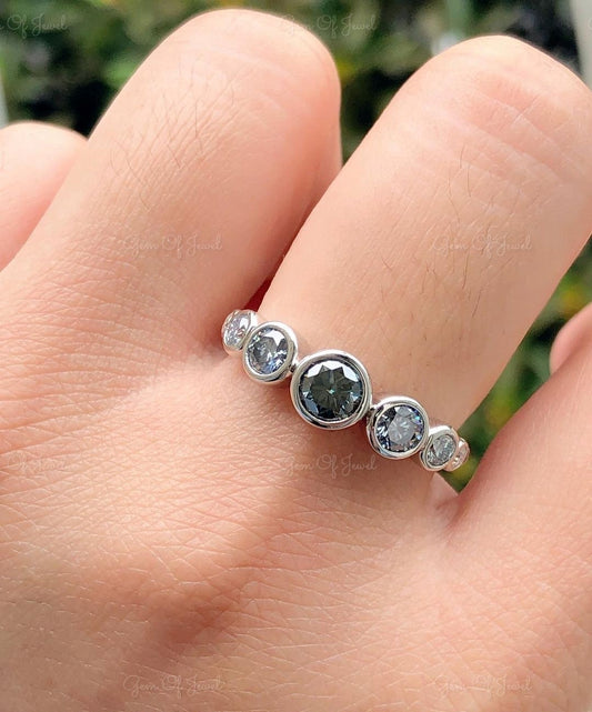 Round Cut Gray Moissanite Diamond Bezel Ring, Gray Diamond Round Cut Ring, Gray Diamond Ring, Grey Moissanite Diamond Band, Gray Moissanite