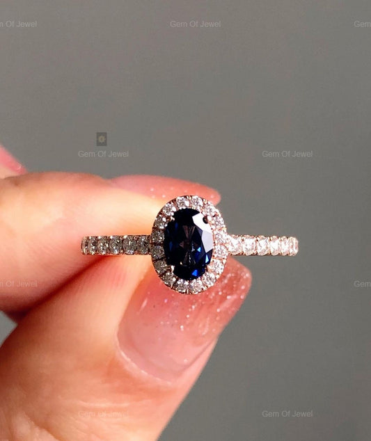 Blue Sapphire Oval Diamond Ring with Pave Round Moissanite Diamond Ring, Dark Blue Sapphire Oval Diamond Ring Gift For Her, Blue Oval Ring