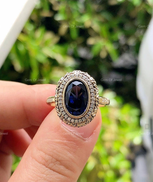 Blue Sapphire Oval Gemstone Diamond Vintage Style Ring With Round Moissanite Diamond Ring, Blue Sapphire Lab Diamond Ring, Oval Diamond Ring