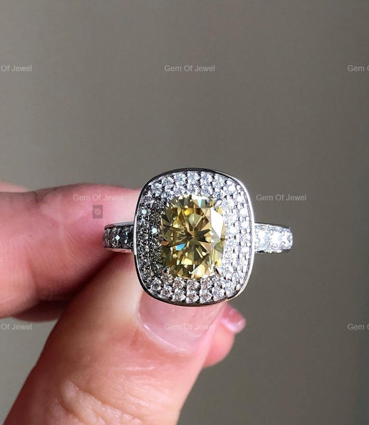 Yellow Moissanite Elongated Cushion Moissanite Diamond Ring With Pave Of Round Moissanite Diamond Engagement Ring, Yellow Moissanite Ring