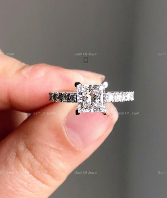 Princess Cut Moissanite Diamond Engagement Ring With Full Eternity Pave Of Round Moissanite Thick Band Ring, Princess Diamond Ring For her