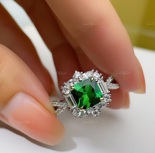 Emerald Princess Diamond Green Diamond Princess Ring, Princess Cut Cluster Diamond Engagement Ring For Her, Green Emerald Cut Diamond Ring