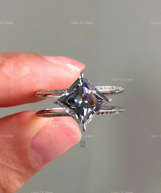 Gray Moissanite Princess Cut Diamond Halo Ring, Gray Diamond Princess Cut Split Band Ring, Gray Moissanite Diamond Ring, Princess Cut Ring