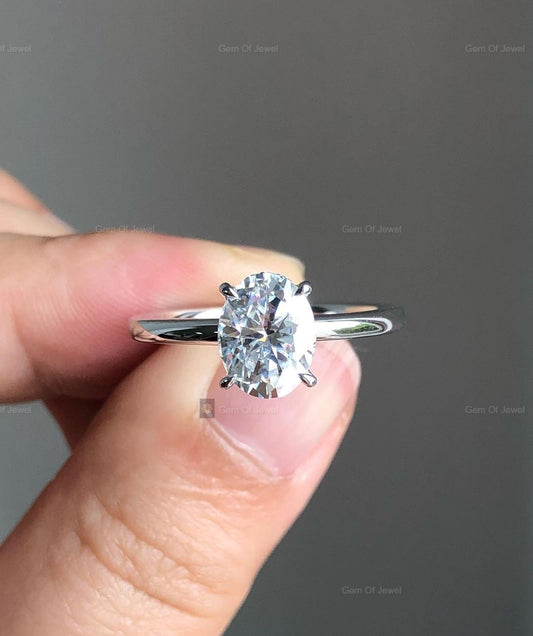 1CT Oval Moissanite Diamond Oval And Unique Band Style And Halo Of Round Diamond With Plain Band Engagement Ring For Her, Oval Diamond Ring