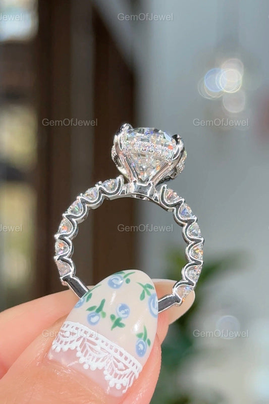 Oval Diamond Moissanite Vintage Ring With Oval Cut Pave Eternity Moissanite Diamond And Hidden Halo Ring, Oval Moissanite Vintage Halo Ring