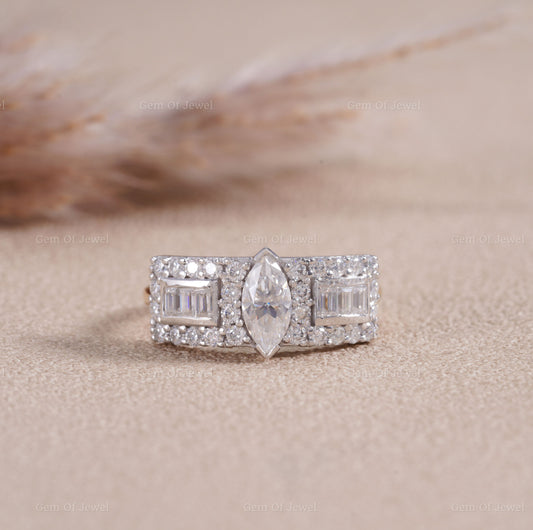 Marquise Moissanite Diamond Ring With Side Baguette Moissanite Diamond And Round Moissanite Diamond Engagement Ring For Her, Two Tone Ring