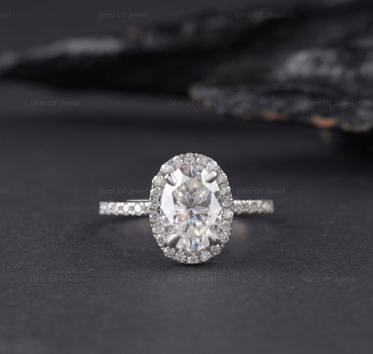 Oval Diamond 2CT Moissanite Ring With Halo And Diamond On Prong With Half Eternity Engagement Ring For Her, Oval Diamond Ring, Oval Ring