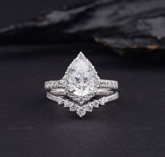 2CT Pear Diamond Moissanite Diamond Ring With Unique Halo And Matching Round Moissanite Diamond Band, Bridal Ring Set For Her, Wedding Set