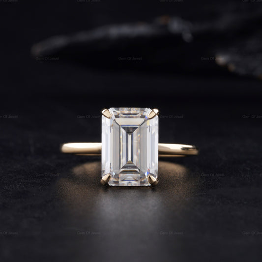 2.75 Carat Emerald Cut Moissanite Solitaire Ring, Round Cut Moissanite Hidden Halo Ring, 14K Yellow Gold Engagement Ring, Bridal Set Ring