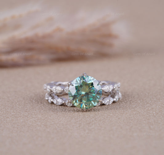 3CT Green Moissanite Diamond Ring With Floating Bubble Diamond Band Of Marquise And Round Band, Green Moissanite Diamond Round Ring For Her