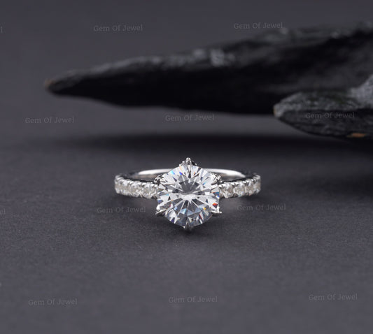 Round Diamond 2CT Moissanite Ring With Petal Prong Of Diamonds Ring With Pave Eternity And Diamonds On The Bridge Thick Band Diamond Ring