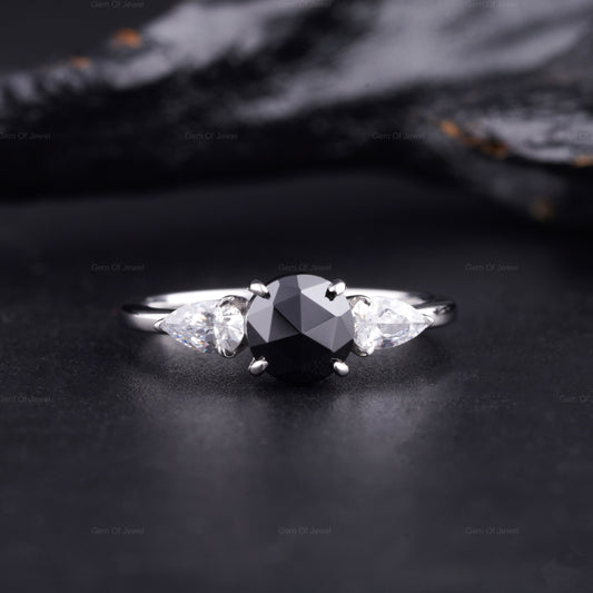 Black Diamond Rose Cut Round Moissanite Ring, 1CT Black Moissanite With Side Pear Three Stone Ring, Black Moissanite Ring, Rose Cut Ring