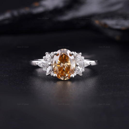 Champagne Moissanite Diamond Oval Ring, Oval Champagne Moissanite Cluster Ring, Oval Cut Brown Diamond Ring, Champagne Diamond Ring For Her