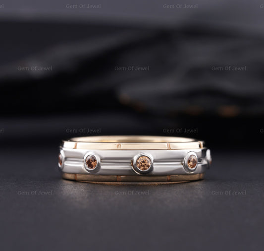 Brown Diamond Moissanite Two Tone Thick Band Ring For Him, Champagne Moissanite Gift For Him, Thick Band Brown Diamond Ring For Him