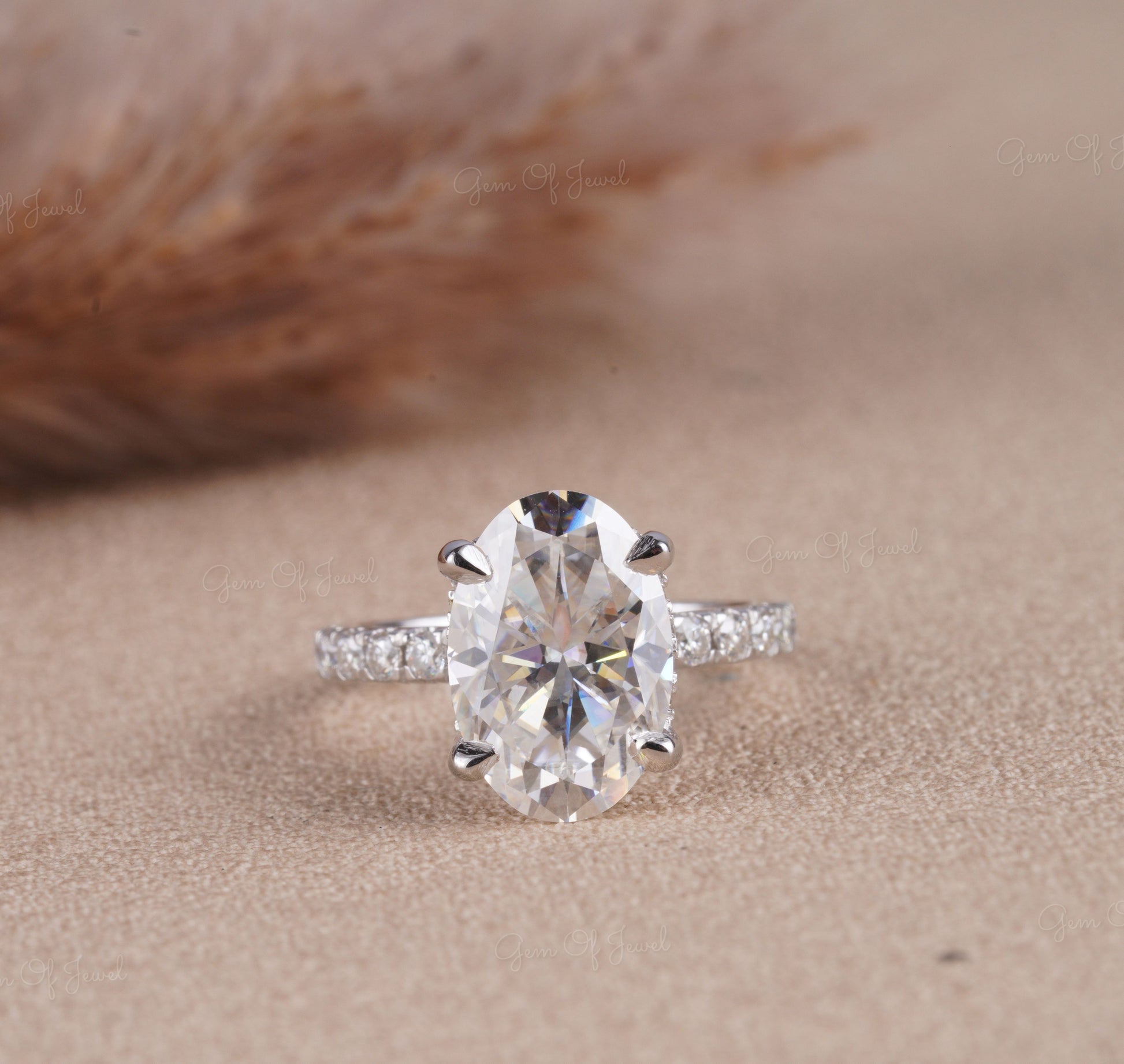 Oval Diamond Moissanite Ring With Halo And Pave Eternity