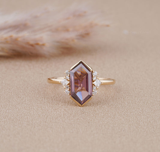 Dutch Marquise Cut Purple Sapphire Ring with Side Round Moissanite Ring, Hexagon Purple Diamond Gold Ring, Purple Diamond Ring For Her