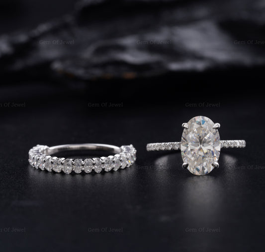 Oval Moissanite Diamond Ring With Hidden Halo And Matching Oval Moissanite Diamond Band, Ring And Band Set For Her, Oval Ring And Band Set