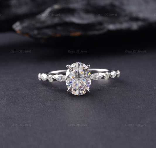 2CT Moissanite Oval Diamond Ring With Round Moissanite Diamond And Marquise Moissanite Diamond On Band Eternity Bubble Band Engagement Ring