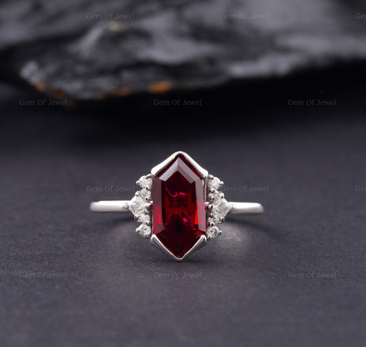 Dutch Marquise Cut Red Ruby Ring with Side Round Moissanite Ring, Hexagon Red Diamond Ring, Ruby Ring For Her, Red Ruby Stone Hexagon Ring