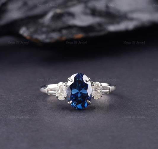 Blue Oval Moissanite Diamond Ring, Blue Diamond Moissanite Oval Cut Ring With Side Tapered Baguette And Round Diamond Ring, Blue Oval Ring