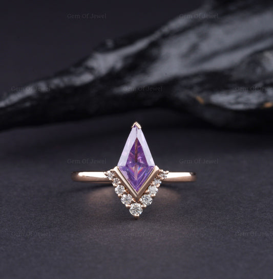 Kite Cut Purple Sapphire Ring Half Bezel Set with Side Round Moissanite Ring, Kite Cut Purple Diamond Gold Ring, Purple Diamond Ring For Her