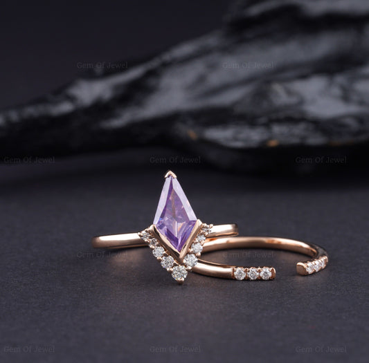 Kite Cut Sapphire Ring With Open Band Wedding Bridal Set, Purple Sapphire Kite Cut Ring With Split Band, Kite Cut Ring And Band Bridal Set