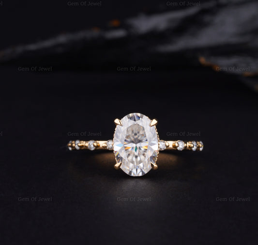 Oval Diamond Moissanite Ring With Round Moissanite Diamond On Band Solid Gold Ring, Oval Diamond Moissanite Ring With Eternity Band Ring