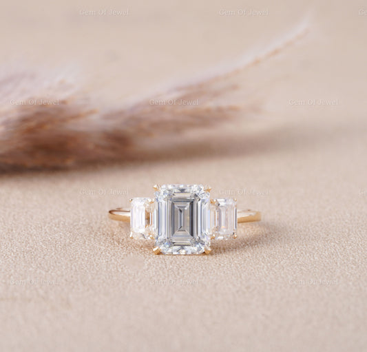 Emerald Diamond Moissanite Three Stone Ring, Emerald Cut Three Stone Ring For Her, Emerald Moissanite Diamond Ring, Emerald Three Stone Ring