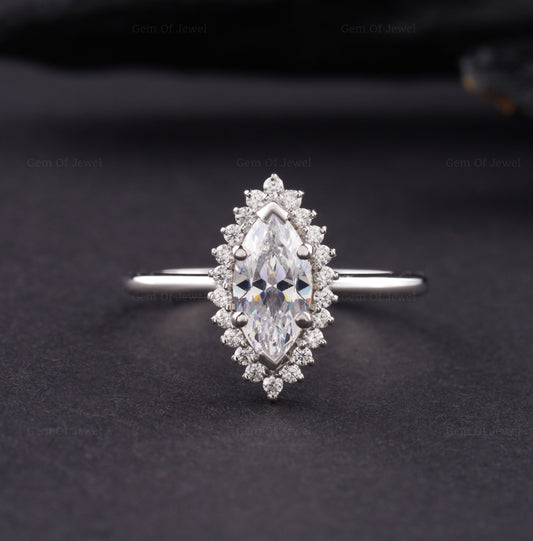 Marquise Diamond Moissanite Vintage Ring With Halo Of Round Moissanite Diamond Ring, Marquise Ring With Halo Ring, 1CT Marquise Ring For Her