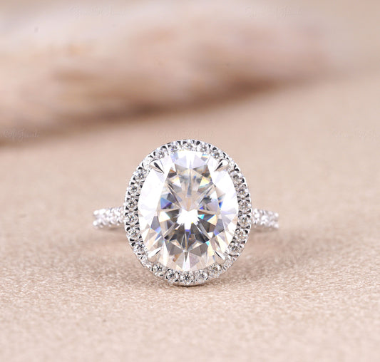 5CT Moissanite Oval Engagement Ring Halo And With Pave Of Round Moissanite Diamond On Band, Oval Moissanite Engagement Ring, 5CT Oval  Ring