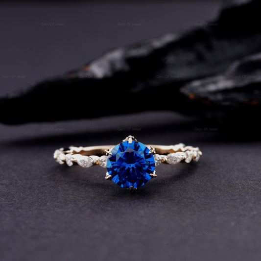 Round Blue Sapphire Diamond Ring, Round Diamond Petal Prong Ring, Blue Sapphire Lotus Prong Ring, Bubble Band Lab Diamond Ring Gift For Her