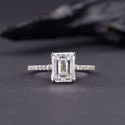 Emerald Cut Moissanite Diamond With Halo Of Round Moissanite Diamond And Petal Prong Solid Gold Ring, Lotus Prong Ring, Emerald Diamond Ring