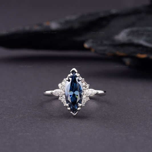 Blue Moissanite Marquise Diamond Ring, Marquise Moissanite Diamond With Side Moissanite Diamond Ring, Blue Marquise Diamond Cluster Ring