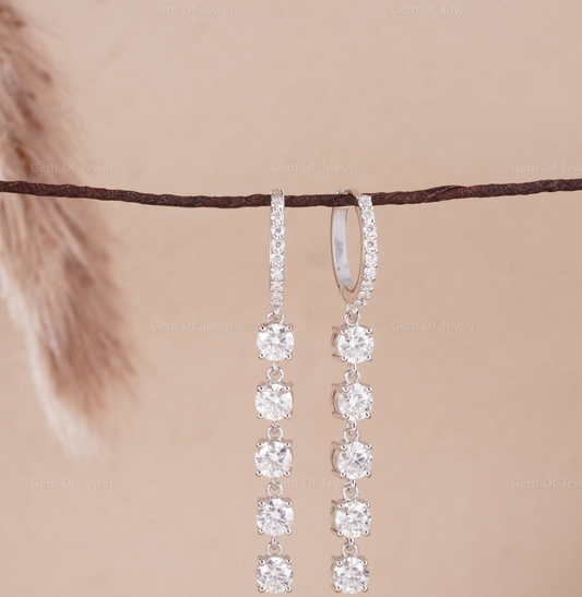 Round Moissanite Diamond Drop Earring, Drop Huggies Earrings, Drop Earring, Moissanite Diamond Earring, Round Diamond Earrings Gift For Her