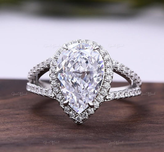 Pear Cut Moissanite Diamond 3 CT White Gold Halo And Split Shank Engagement ring Moissanite Diamond Gold Engagement Ring