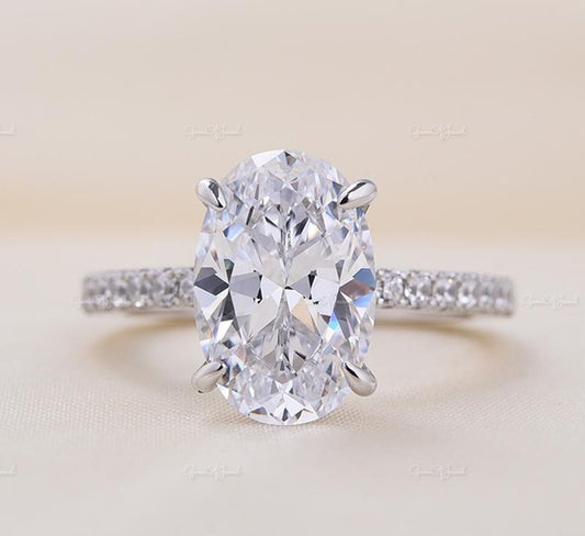 Oval Moissanite Diamond Engagement Ring With Side Round Moissanite Diamond And Invisible Under  Halo Ring, Oval Cut Diamond Ring For Her