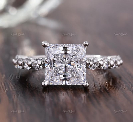 Princess Cut Moissanite Diamond 3CT Ring With Round Moissanite Eternity Bubble Shape Band , Engagement Ring For Her, Princess Diamond Ring