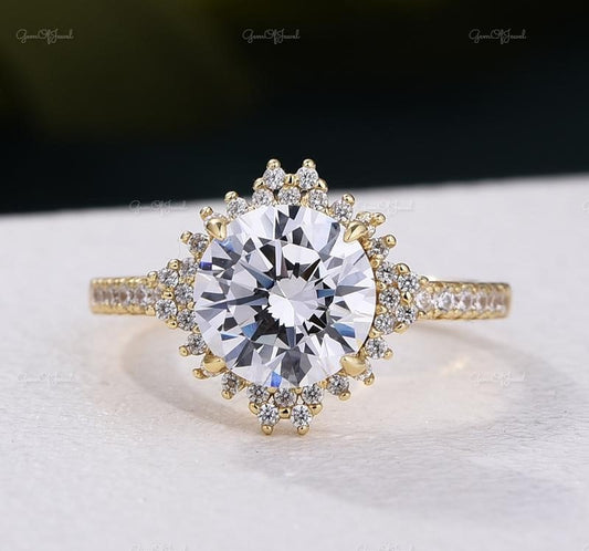 Round Moissanite Diamond 2 CT Engagement Ring With Flower Shape Halo Ring, Round Moissanite Diamond Engagement Ring For Her, Round Ring