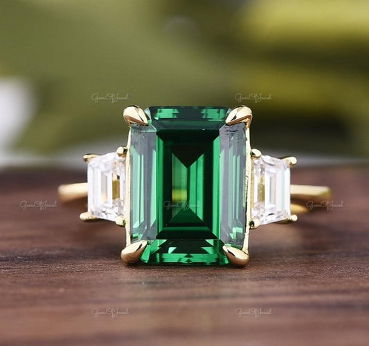 4CT Green Emerald Diamond Three Stone Ring Lab Emerlad with Side Moissanite Tapered Baguette Gold Ring, Green Emerald Diamond Ring For Her