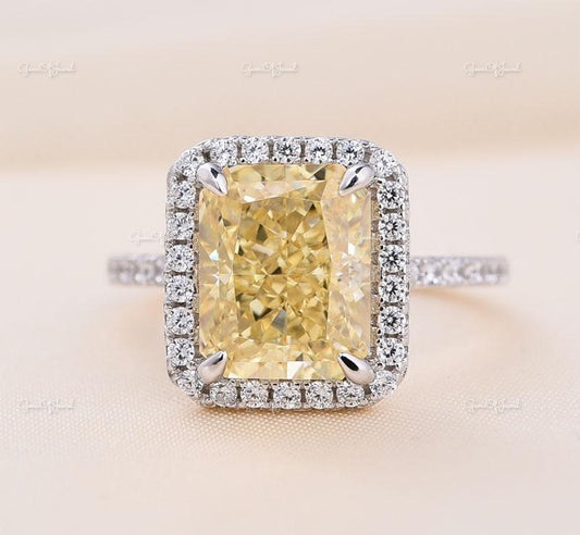 Yellow Sapphire Radiant Cut Sapphire Simulated Stone With Halo Of Moissanite Diamond And 3/4 Moissanite Eternity Band, Gold Ring For Her